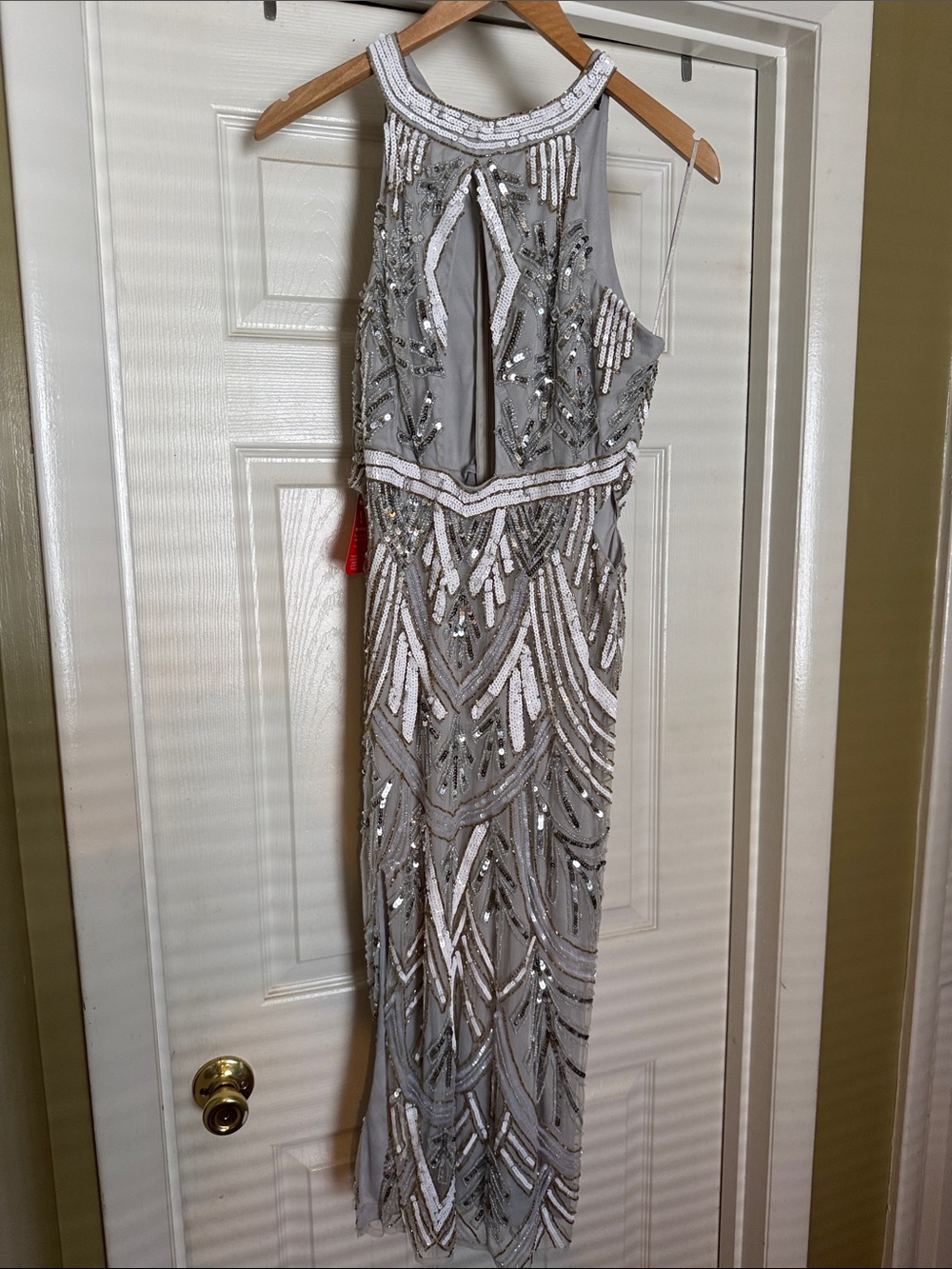 Silver Beaded Halter Evening Dress